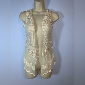 Knitworks Sheer mesh Lace Embroidered Ivory Cream Vest open floral scalloped sml
